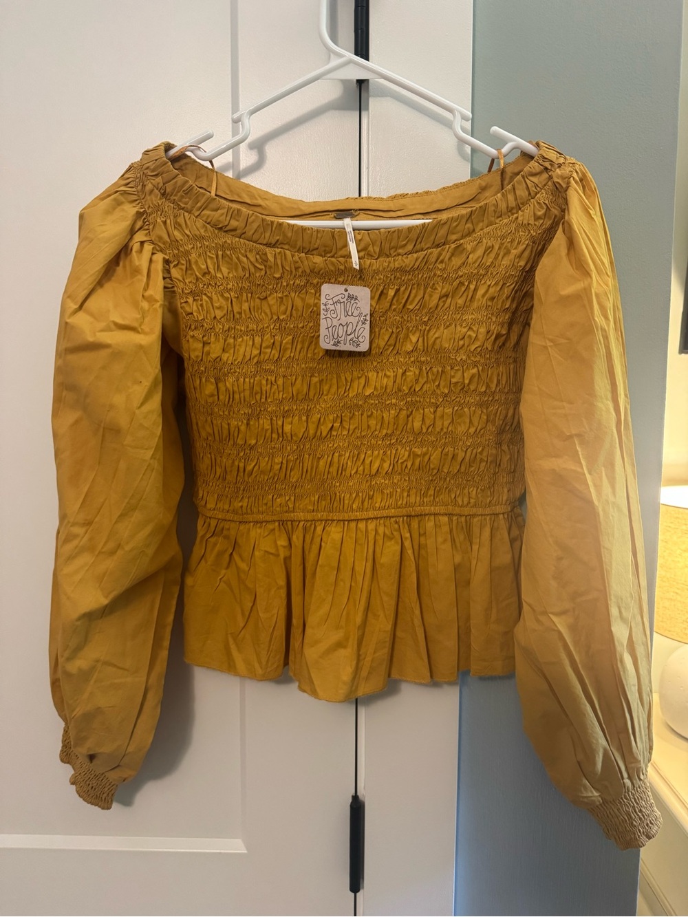 Free People Mustard Smocked Peplum Puff Sleeve Top